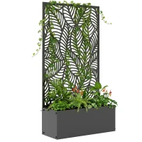Outsunny Metal Planter Box with Trellis, 44.5" Raised Garden Bed with Trellis Privacy Screen for Climbing Plants, Leaves Cut-Out(m-9)