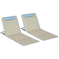 Outsunny Set of 2 Beach Lounge Chair, Folding Ground Beach Mat w/ Adjustable Back, Steel Frame, Head Pillow and Carry Bag, Beige(m-9)
