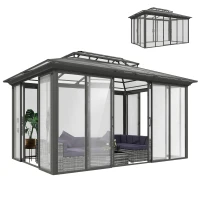 Outsunny 10' x 14' Outdoor Hardtop Gazebo, Aluminum Sun Room Solarium with Sliding Doors, Double Roof Patio Gazebo, Dark Grey(m-9)