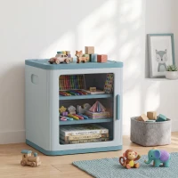Qaba Toy Storage Organizer, 3 Tier Adjustable Toy Storage Cabinet Dustproof HDPE Plastic, Transparent Door, Light Blue(m-10)