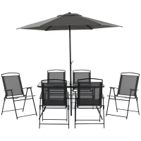 Outsunny 8 Piece Outdoor Dining Set, Patio Furniture Set with Umbrella, 6 Folding Chairs, Rectangle Table and Mesh Seat, Black(m-11)