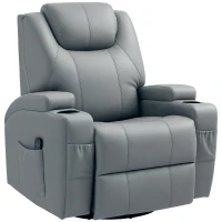HOMCOM Massage Recliner Chair Leather Swivel Rocker Manual Reclining Chair with 8 Vibration Points, Cup Holders, Light Grey(m-9)