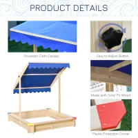 Outsunny Wooden Sandbox w/ Adjustable Canopy, Children Outdoor Playset Weather Resistant 47" L x 47" W x 47" H, Natural & Blue(m-7)