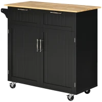 HOMCOM 41" Modern Rolling Kitchen Island on Wheels, Utility Cart Storage Trolley with Rubberwood Top & Drawers, Black(m-11)