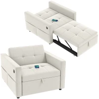 HOMCOM Convertible Chair Bed, Pull Out Sleeper Chair with USB, Adjustable Backrest, Small Velvet Futon Sofa Bed, Cream White(m-9)