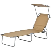 Outsunny Outdoor Lounge Chair, Adjustable Folding Chaise Lounge, Tanning Chair with Sun Shade for Beach, Camping, Hiking, Backyard, Brown(m-2)