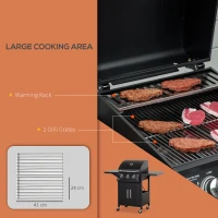 Outsunny Outdoor 3 Burner Gas Grill Portable Barbecue w/ Wheels, Warming Rack, Shelves, Cabinet, Thermometer, Black(m-4)