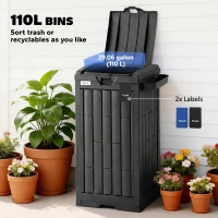 Outsunny 29 Gallon Outdoor Garbage Bin with Dual Lid, Plastic Outdoor Waste Trash Can with Side Holder and Drip Tray, Black(m-4)