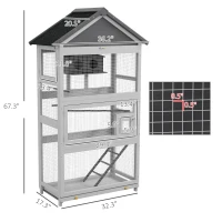 PawHut Wooden Bird Aviary with Slide-Out Tray, Birdhouse, Ladder, Perches for Finches, Parakeets, Gray(m-3)