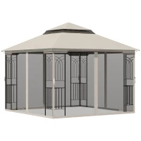 Outsunny 10'x10' Soft-top Patio Gazebo with Double Tier Roof, Mesh Curtains, Display Shelves, Top Hooks, Beige(m-14)