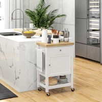 HOMCOM Kitchen Cart on Wheels, Rolling Kitchen Island Cart with Wood Top, Towel Rack, Drawer and Shelf for Dining Area, White