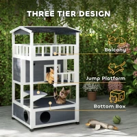 PawHut Wooden Outdoor Cat House, Feral Cat Shelter Kitten Condo with Asphalt Roof, Escape Doors, Condo, Jumping Platform, Gray(m-13)
