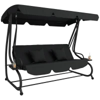 Outsunny 3-Seat Outdoor Patio Swing Chair, Converting Flatbed, Outdoor Swing Glider with Adjustable Canopy, Black(m-1)