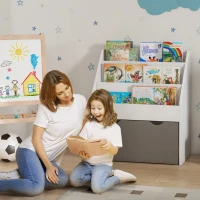Qaba Kids Bookshelf with 3 Tier Display Shelves, Drawer for Nursery, Grey(m-1)