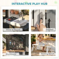 Qaba Outdoor Playhouse, Wooden Kids Playhouse with Dog Door, Cookware, Blackboard, Bench, Doorbell for Ages 2+(m-4)