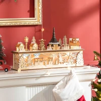 HOMCOM Desktop Christmas Decoration, Christmas Village Houses with Church, Windmill Battery Operated, Natural Wood(m-8)