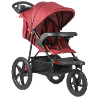 Qaba Baby Stroller Foldable Carriage for Toddler with Adjustable Backrest and Canopy Suspension System Rubber Tire 5-Point Harness Cup Holder Storage Basket Red(m-1)