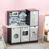 Qaba Wooden Play Kitchen with Lights Sounds, Kids Kitchen Playset with Washing Machine, Water Dispenser, Microwave, Range Hood, Refrigerator, Utensils, Gift for 3-6 Years Old(m-2)