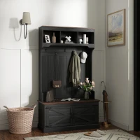 HOMCOM 3-in-1 Hall Tree with Shoe Storage, Coat Rack with Bench, Entryway Furniture with Five Hooks, Black Wood Grain(m-10)