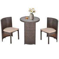 Outsunny 3 PCS Outdoor Rattan Wicker Bistro Set with Storage Shelf, Glass Top Table, Soft Cushioned Chairs and Space Saving Design, Patio Conversation Set for Garden Backyard Porch, Brown(m-11)