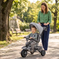 Qaba 6 in 1 Kids Tricycle with Adjustable Push Handle, Removable Canopy, Reversible Seat, for 1-5 Years, Gray(m-10)