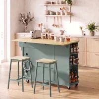 HOMCOM 53" Kitchen Island with Power Outlet and Drop Leaf, Kitchen Cart on Wheels with 360° Rotating Rack, Sage Green(m-8)