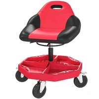 HOMCOM Rolling Garage Stool, 300 LBS Capacity Mechanic Stool with 5" Wheels, Tool Tray Storage, Adjustable Height, Red(m-2)