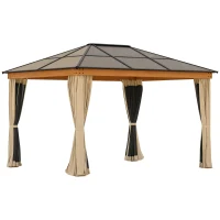 Outsunny 10' x 12' Hardtop Polycarbonate Gazebo Canopy Aluminum Frame Pergola w/ Netting and Sidewalls for Garden, Patio, Khaki(m-1)