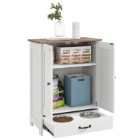 PawHut Pet Feeding Station, Dog Food Storage Cabinet w/ Raised Dog Bowls, Adjustable Panel, Hooks for Medium Dogs, White(m-11)