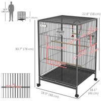 PawHut 31" Bird Cage for Parrots Lovebirds Budgies Finches, Flight Cage with 5 Doors, Swing, Stainless Steel Bowls, Removable Tray, Wheel, Grey(m-3)