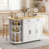 HOMCOM 53" Kitchen Island with Power Outlet and Drop Leaf, Kitchen Cart on Wheels with 360° Rotating Rack, White(m-10)