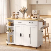 HOMCOM 53" Kitchen Island with Power Outlet and Drop Leaf, Kitchen Cart on Wheels with 360° Rotating Rack, White(m-2)