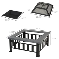 Outsunny 34" Outdoor Fire Pit Square Steel Wood Burning Firepit Bowl with Spark Screen, Waterproof Cover, Log Grate, Poker for Backyard, Camping, BBQ, Bonfire(m-3)