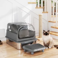 PawHut Stainless Steel Cat Litter Box with Flip Lid, XXL Enclosed Litter Box, High Sided, Step, Metal Scoop, 2 Deodorizing Bags(m-8)