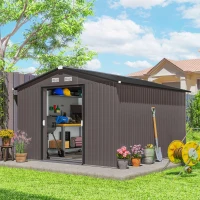 Outsunny 11' x 9' Metal Storage Shed Garden Tool House with Double Sliding Doors, 4 Air Vents for Backyard, Patio, Brown(m-10)