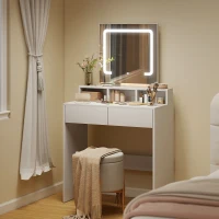HOMCOM Makeup Vanity Desk with Mirror and LED Lights, for Bedroom, Modern Dressing Table with Drawers, Compartments, White(m-1)