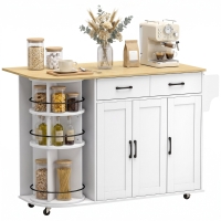 HOMCOM 53" Kitchen Island with Power Outlet and Drop Leaf, Kitchen Cart on Wheels with 360° Rotating Rack, White