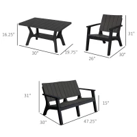 Outsunny 4-Piece Outdoor Patio Conversation Set Garden Furniture Set with Weather-Fighting PP Materials, Adirondack Comfort, & Coffee Table, Black(m-3)