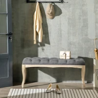 HOMCOM 43" Upholstered Entryway Bench, Linen Fabric Ottoman Stool with Button Tufted Seat, and Rubber Wood Legs for Living Room, Bedroom, or Hallway, Dark Grey(m-10)