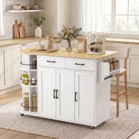 HOMCOM 53" Kitchen Island with Power Outlet and Drop Leaf, Kitchen Cart on Wheels with 360° Rotating Rack, White(m-9)