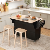 HOMCOM Kitchen Island with Storage, Rolling Kitchen Island with Drop Leaf, Rubber Wood Top and Adjustable Shelves, Black