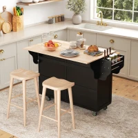 HOMCOM Kitchen Island with Storage, Rolling Kitchen Island with Drop Leaf, Rubber Wood Top and Adjustable Shelves, Black(m-1)