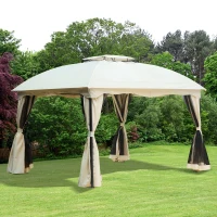 Outsunny 10x12ft Patio Gazebo Garden Pavilion Outdoor Canopy Tent Sun Shade 2 Tier Roof Hook w/ Curtain and Netting Steel Frame(m-1)