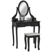 HOMCOM Vanity Desk with Stool, Makeup Vanity with 360° Rotating Oval Mirror, 5 Drawers and Padded Seat, Dressing Table for Bedroom, Black(m-2)