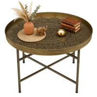 HOMCOM Coffee Table for Living Room, 24" Round Center Table with Hammered Tray Top and Metal Frame for Bedroom, Gold(m-1)