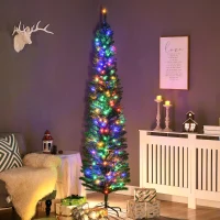HOMCOM 7' Artificial Pencil Christmas Trees Holiday Decoration with Colorful LED Lights, Steel Base, Skinny Shape(m-2)