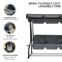 Outsunny 3-Seat Outdoor Patio Swing Chair, Converting Flatbed, Outdoor Swing Glider with Adjustable Canopy, Removable Cushion and Pillows, for Porch, Garden, Poolside, Backyard, Gray(m-7)