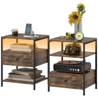 HOMCOM Set of 2 Side Tables with Charging Stations and LED Lights, End Tables with Drawer and Shelves for Living Room, Brown(m-1)