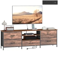 HOMCOM TV Stand for TVs up to 70 Inch, Industrial TV Console with Charging Station, 5 Drawers and Open Shelves, Rustic Brown(m-9)
