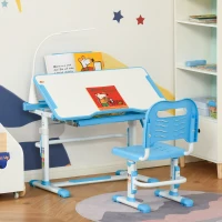 Qaba Kids Desk and Chair Set, Height Adjustable School Study Table and Chair, Student Writing Desk with Tilt Desktop, LED Light, Pen Box, Drawer, Reading Board, Cup Holder, and Pen Slots, Blue(m-10)